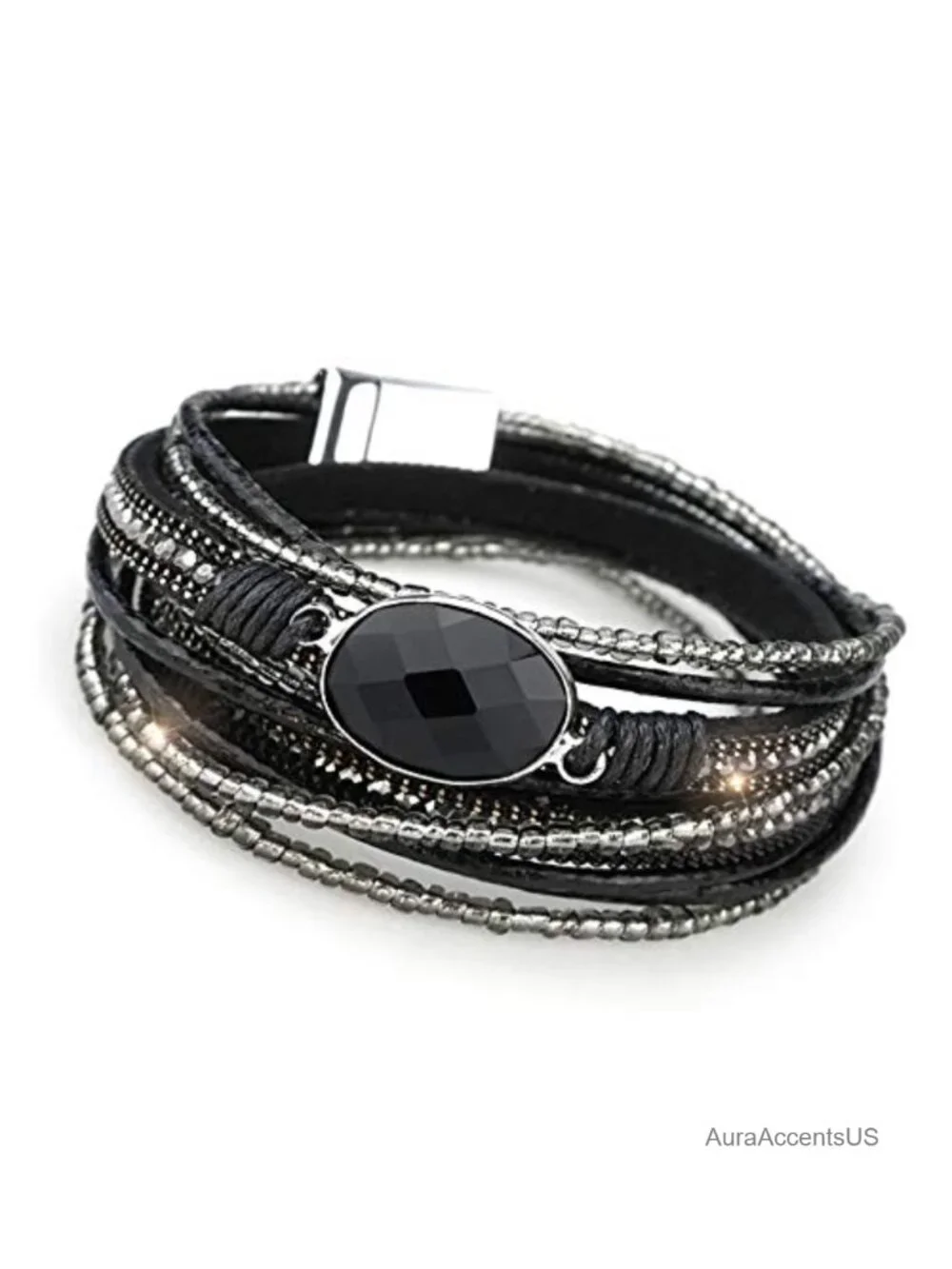 Multilayered Leather Wrap Bracelet with Magnetic Buckle, Braided Bangle Cuff